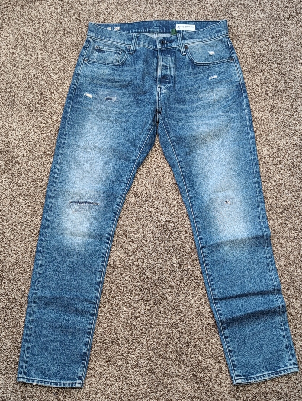 G-Star RAW Men 3301 Slim Jeans Faded Waterfall Restored Distressed Size 31x32